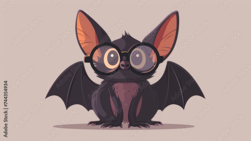 Illustration in flat style, A cute little bat wearing glasses posed against a green background Illustration in flat style, A cute little bat wearing glasses posed against a green background