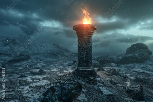 3d render of a beacon that emits both a warm flame and a cold light guiding travelers