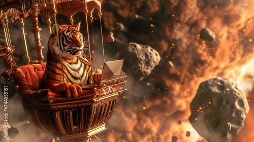 Digital art of a tiger using a laptop in a steampunk hot air balloon floating towards an asteroid symbolizing exploration