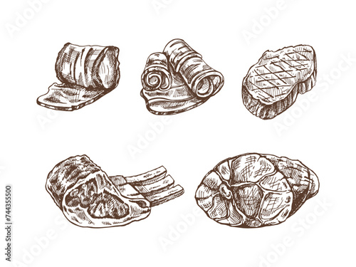 A set of hand-drawn sketches of meat pieces, beef steak, ham, pork, bacon, ribs. Fresh meat products. For design of menu for restaurants, butcher shop. Vintage engraved illustration..
