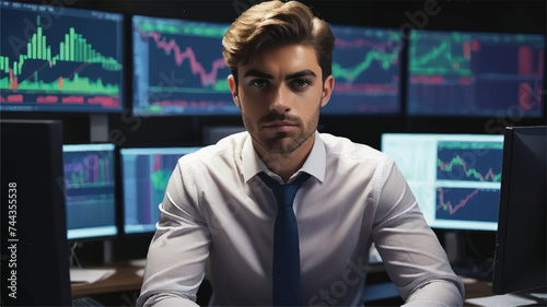 Portrait of Young Handsome Stock Exchange Broker Working on a Computer, Researching Real-Time Stocks Data, Analyzing Commodities and Exchange Market Charts. Professional Investment Agent in Office