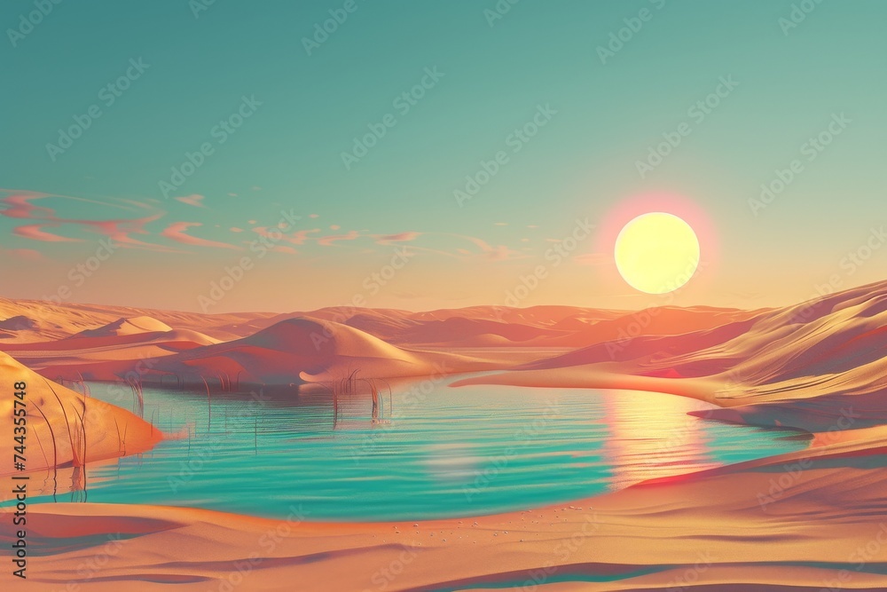 Mirage like desert landscape surreal sand dunes with a glowing oasis under a scorching sun