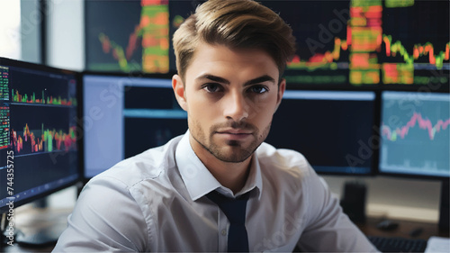 Portrait of Young Handsome Stock Exchange Broker Working on a Computer, Researching Real-Time Stocks Data, Analyzing Commodities and Exchange Market Charts. Professional Investment Agent in Office