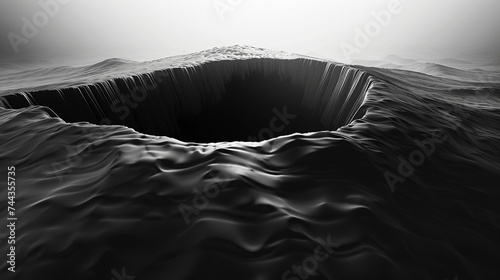 3d render of a deep dark fluid chasm opening in the ground swallowing light and matter photo