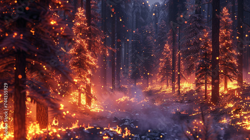 3d render of a forest at the edge of a wildfire where ice forms on trees as they burn