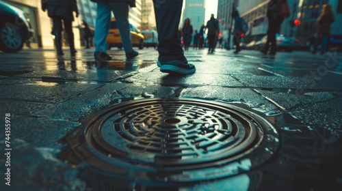 People stepping into a manhole on a city sidewalk warping to destinations modern cityscape teleportation concept