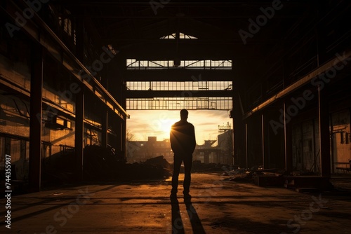 Silhouette fbi agent warehouse. Crime scene tape in abandoned warehouse. Generate Ai
