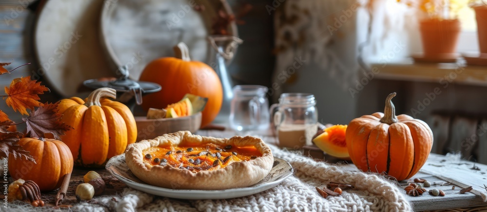 Rustic autumn table setting with delicious food plate and decorative pumpkins Rustic autumn table setting with delicious food plate and decorative pumpkins