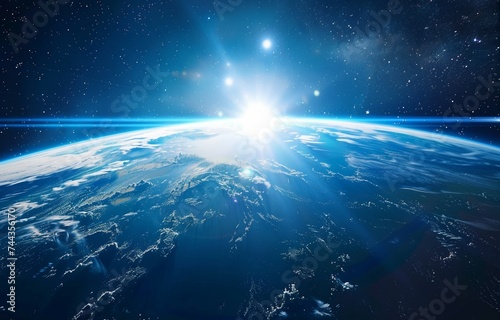 Space themed image of Earth blue with ozone radiance white clouds adorning in a galactic setting
