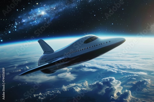Space tourism a luxurious spaceship orbiting Earth with distant stars and galaxies