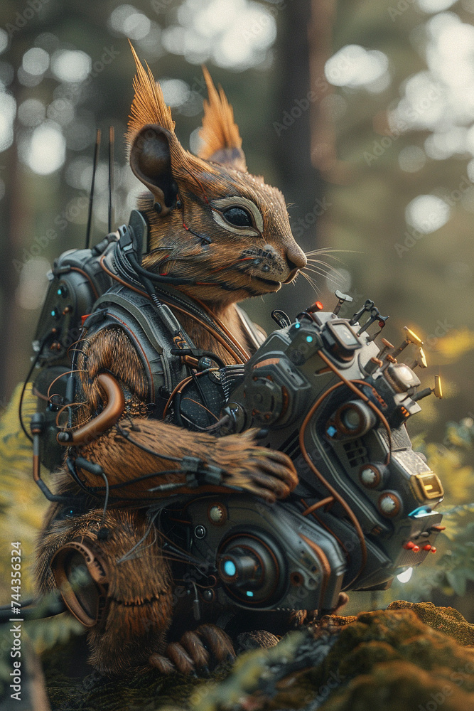 3d render of a mech style squirrel gathering energy cells in a post ...
