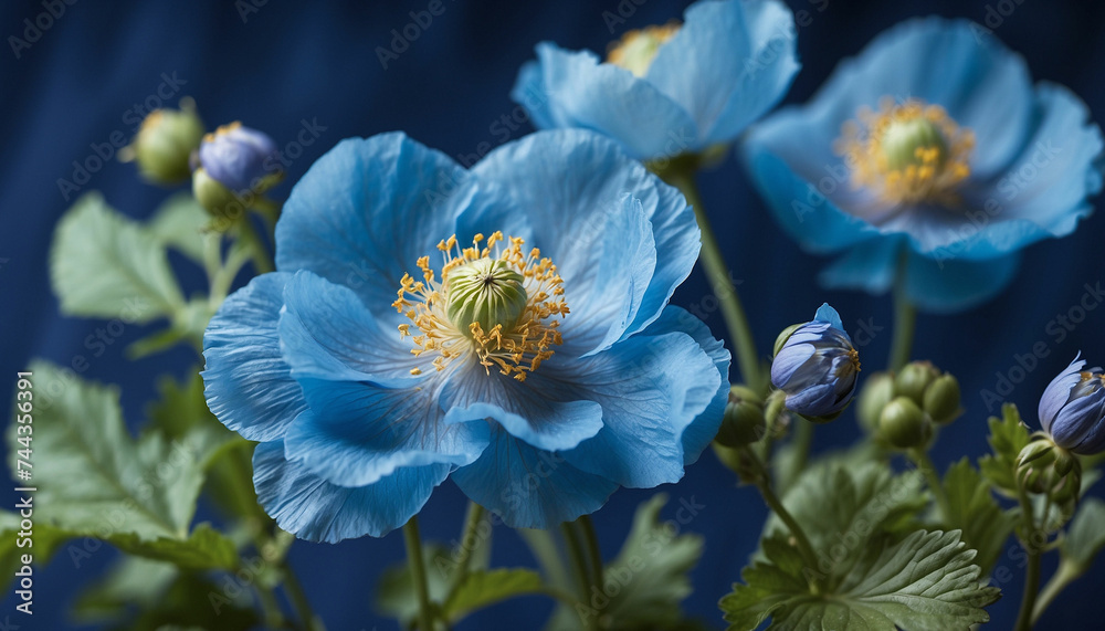 A shot of delicate Himalayan poppy flowers, their vivid blue petals highlighted against a soft, dreamy indigo background and the focus is on capturing the intricate details of the petals
