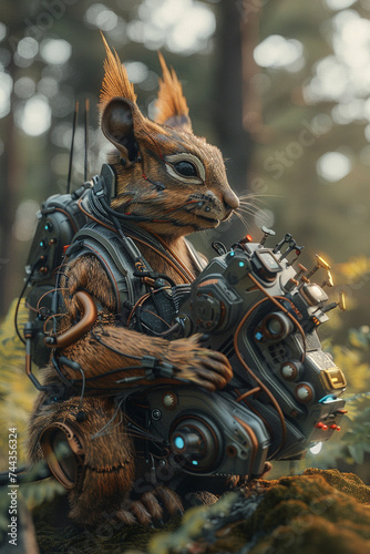 3d render of a mech style squirrel gathering energy cells in a post natural world