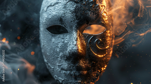 3d render of a mask half covered in frost half charred by fire symbolizing duality