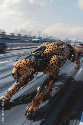 3d render of a mechanical cheetah racing against autonomous vehicles on a highway