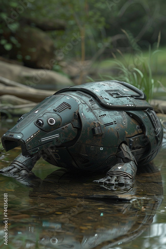 3d render of a mechanical platypus with water filtration systems in a polluted river photo