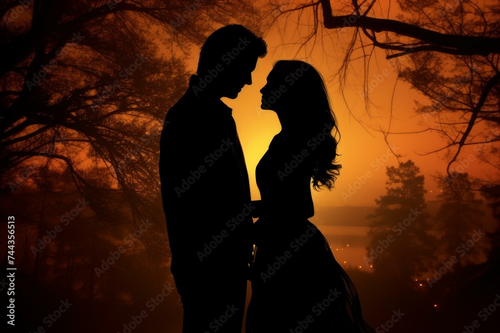 Silhouette of romantic couple admiring sunset together. Lovers on ocean fiery sundown scene. Generate ai