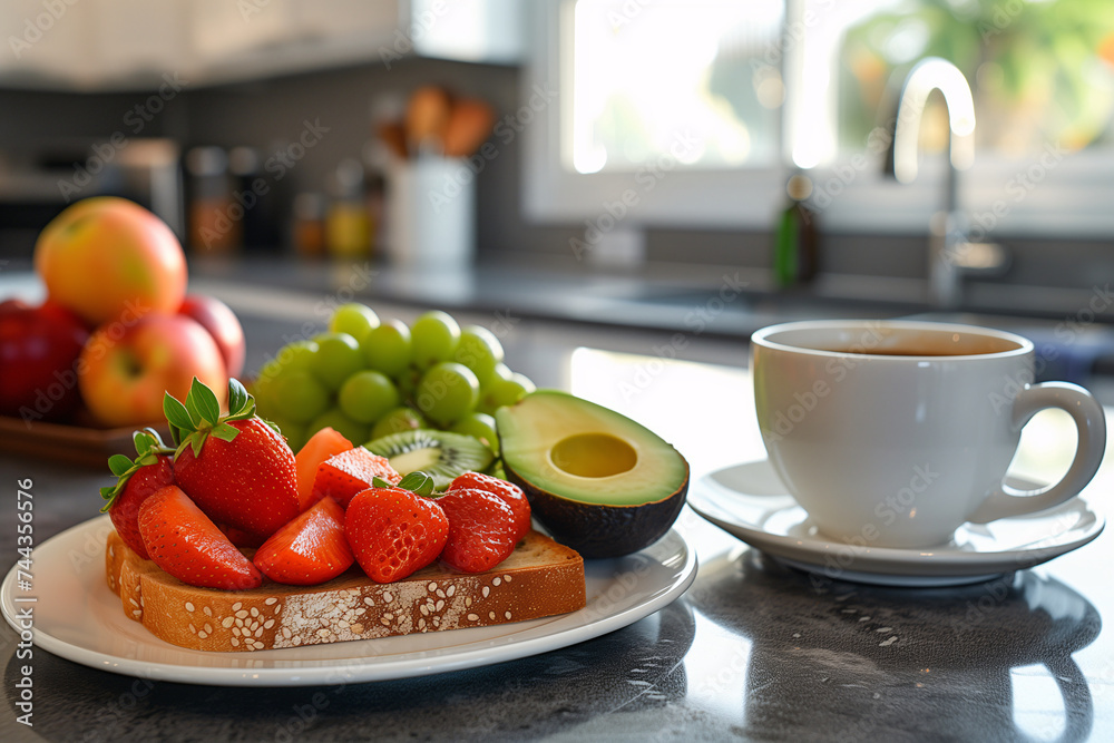 Morning breakfast table featuring coffee, avocado toast, and a selection of ripe fruits. - obrazy, fototapety, plakaty 