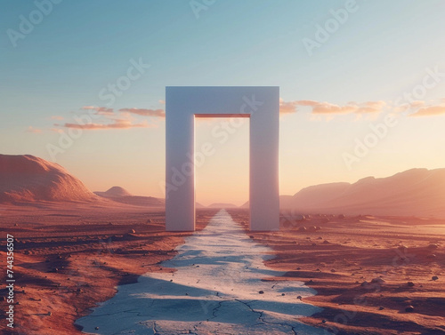 3d render of a minimalist portal at the end of a long straight desert road