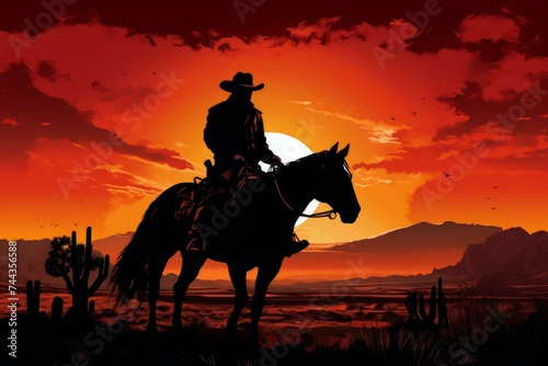 Silhouette cowboy horse. Lonely and brave rider against endless wasteland. Generate AI © juliars