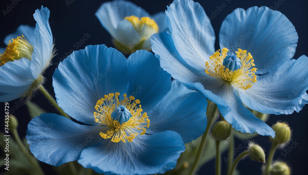 A shot of delicate Himalayan poppy flowers, their vivid blue petals highlighted against a soft, dreamy indigo background and the focus is on capturing the intricate details of the petals A shot of delicate Himalayan poppy flowers, their vivid blue petals highlighted against a soft, dreamy indigo background and the focus is on capturing the intricate details of the petals