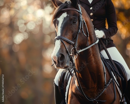 Close up of a focused rider in horseback riding sport displaying determination and skill