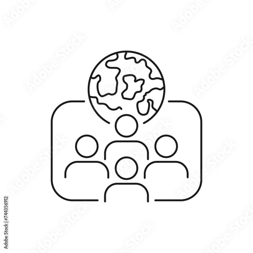 Planet earth with people icon line style isolated on white background. Vector illustration