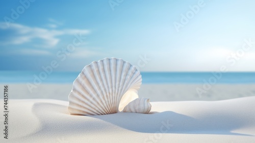 Seashell on white sand with blue sky and sea minimalist background.