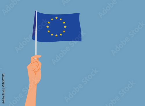 Hand Holding a European Union Flag Vector Illustration Background. European citizen celebrating unity and freedom 