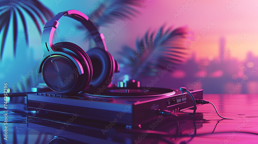 Copy Space Headphone and turntable purple and blue color background - obrazy, fototapety, plakaty 