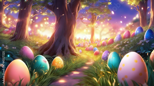 Bright Easter Monday's enchanted garden of illuminated eggs, where each egg emits a soft glow