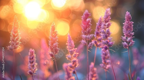 Art Wild flowers in a meadow at sunset. Macro image, shallow depth of field. © haizah