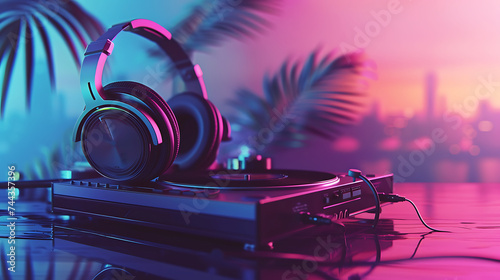 Copy Space Headphone and turntable purple and blue color background photo