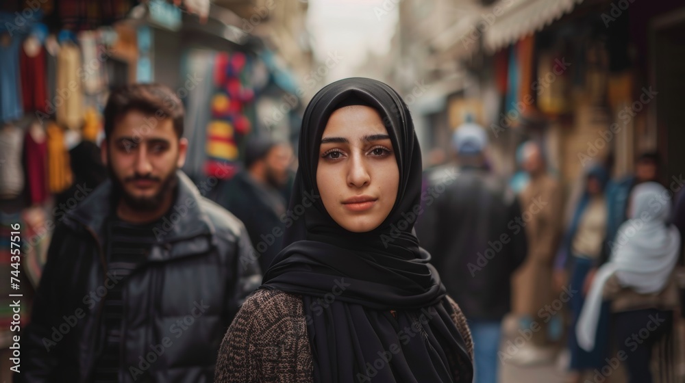 A young Middle Eastern woman standing out in a crowded street A young Middle Eastern woman standing out in a crowded street