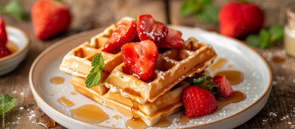 Delicious breakfast plate of waffles topped with fresh strawberries and drizzled with sweet syrup Delicious breakfast plate of waffles topped with fresh strawberries and drizzled with sweet syrup