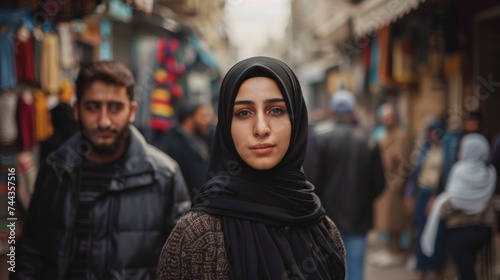 A young Middle Eastern woman standing out in a crowded street 