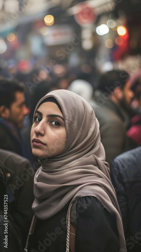 A young Middle Eastern woman standing out in a crowded street 