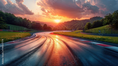 Wide race track and green woods nature landscape at sunset. © haizah