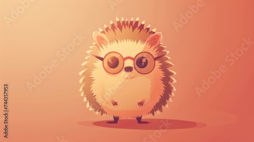 Illustration in flat style, A cute little hedgegog wearing glasses posed against a studio background