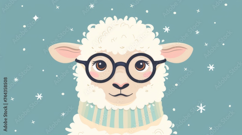 Illustration in flat style, A cute little sheep wearing glasses posed against a studio background Illustration in flat style, A cute little sheep wearing glasses posed against a studio background