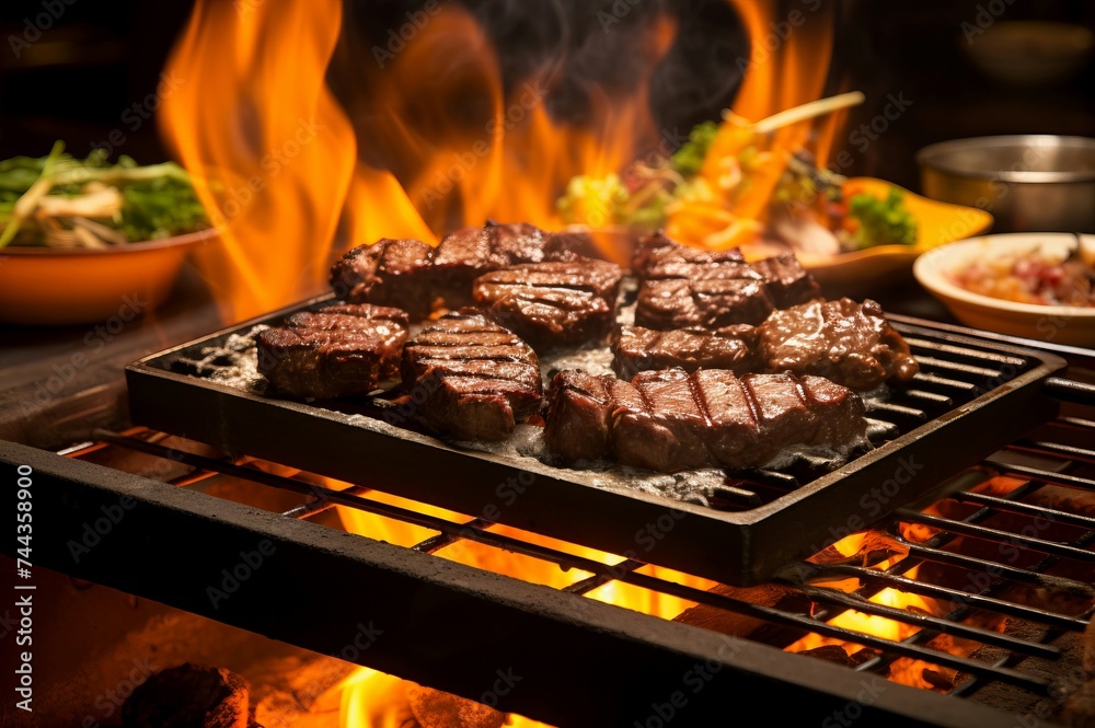 Sizzling steak grill with herbs. Grilled delicious gourmet beef with natural ingredient. Generate ai Sizzling steak grill with herbs. Grilled delicious gourmet beef with natural ingredient. Generate ai