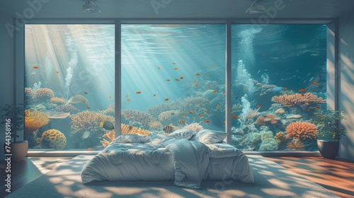 Submerged serenity  mesmerizing underwater house room reveals aquatic wonders through panoramic aquarium windows  a tranquil retreat in the heart of the deep blue