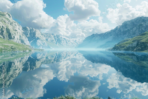 3d render of a peaceful mirror like lake that reflects not the sky but another universe