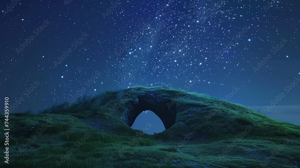 3d render of a portal atop a simple grassy hill under a vast starry night sky - obrazy, fototapety, plakaty 
