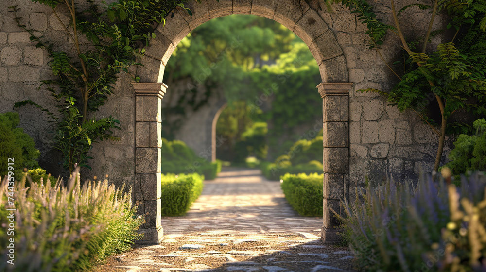 3d render of a portal beneath a simple stone archway in a serene walled garden