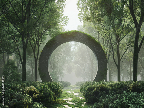 3d render of a portal at the end of a simple straight path through a serene forest © pprothien