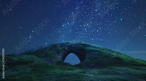 3d render of a portal atop a simple grassy hill under a vast starry night sky photo