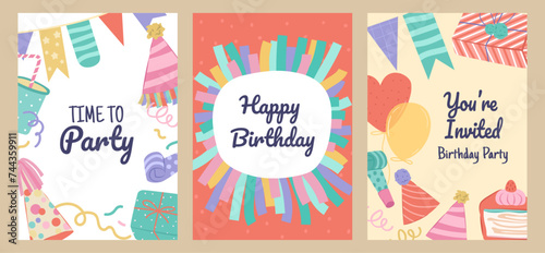 Set of birthday party portrait greeting cards for invitation and decoration