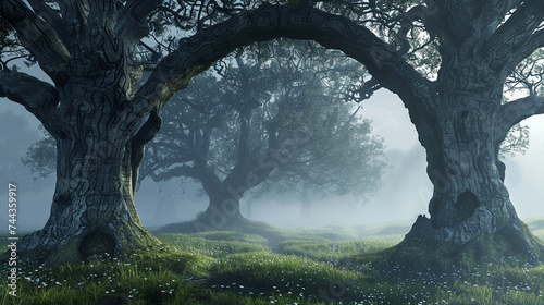 3d render of a portal between two ancient trees in a foggy spring morning meadow