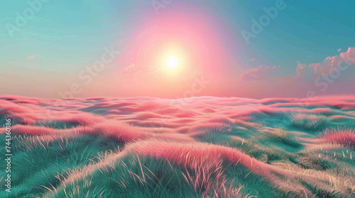 3d render of a serene field with grass that changes color with the wind under a sky with two suns